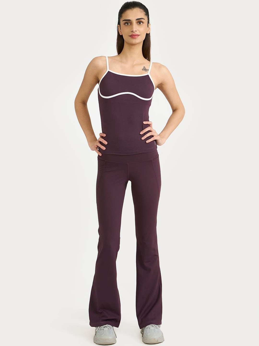 Hunnit Women Round Neck Stretchable Inbuilt Spaghetti Top with Padded Cups for Workout