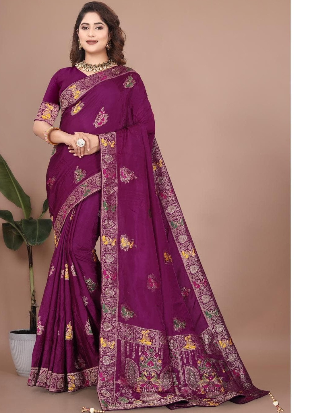 Bindi Fashion Woven Design Beads and Stones Banarasi Saree With Blouse Piece