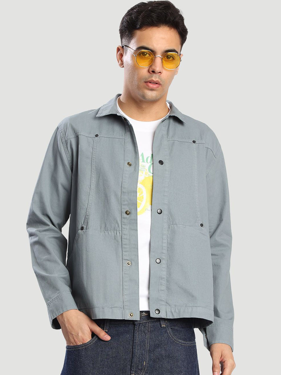 Bene Kleed Men Grey Spread Collar Relax Fit Solid Pure Cotton Tailored Jacket