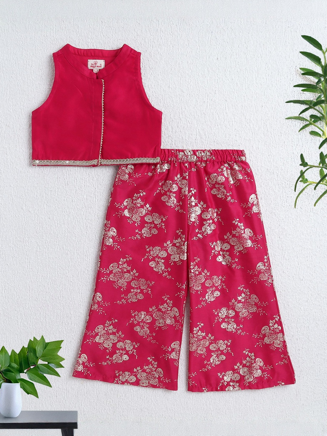 The Magic Wand Girls Floral Band Collar Sequinned Top With Palazzos