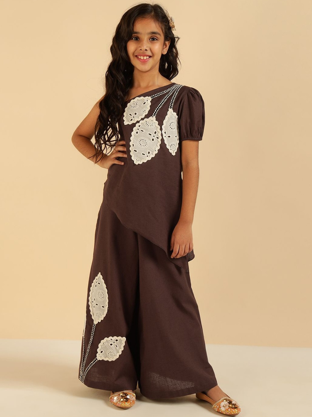 Bugandbees Girls Leaf Patch Work One Shoulder Pure Cotton Tunic & Palazzo