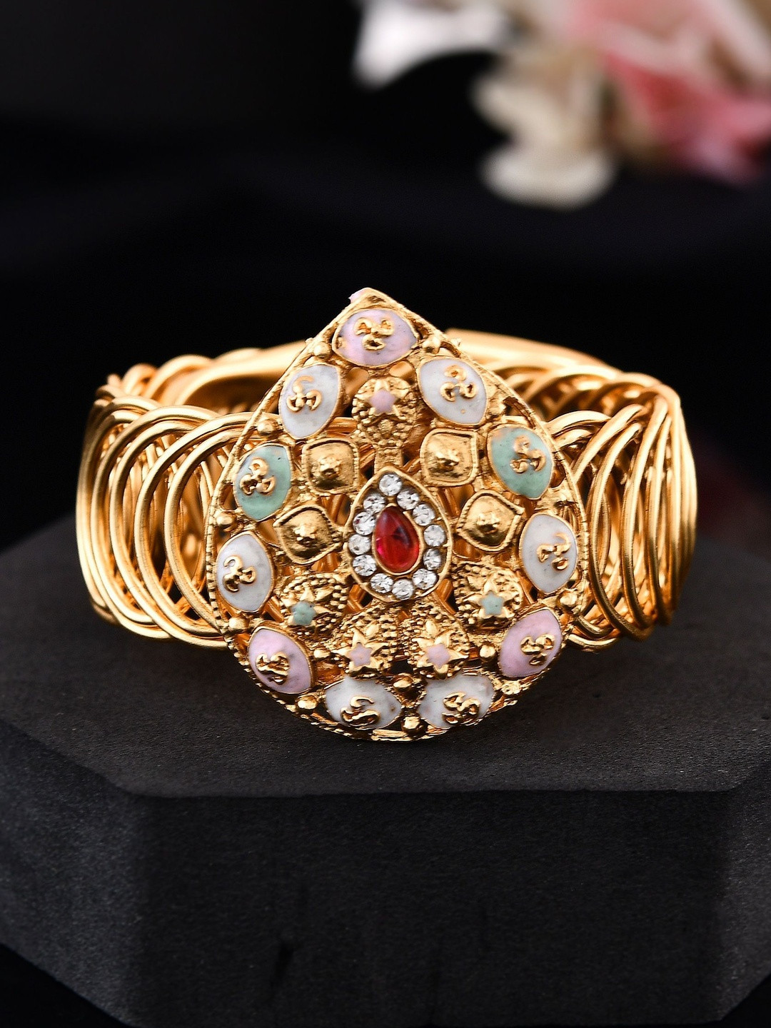 VOJ Women Stainless Steel Gold-Plated Kundan Studded Wrap around Bracelet