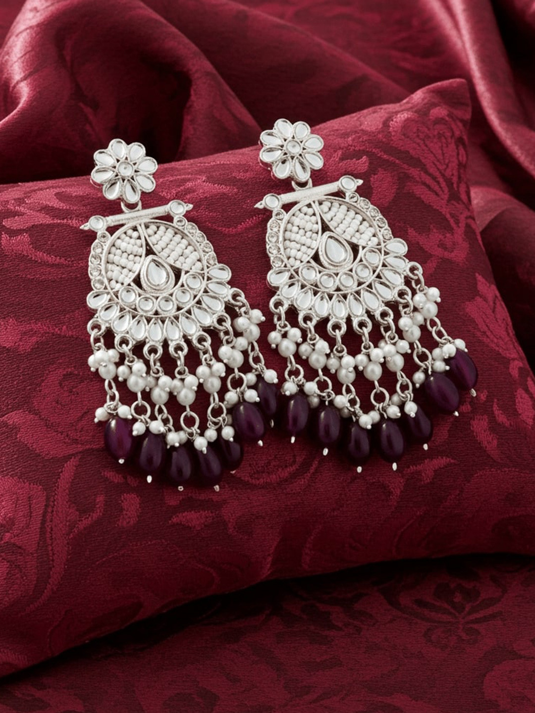 TESSARA Gold Plated Artificial Stones Studded & Beaded Floral Drop Earrings