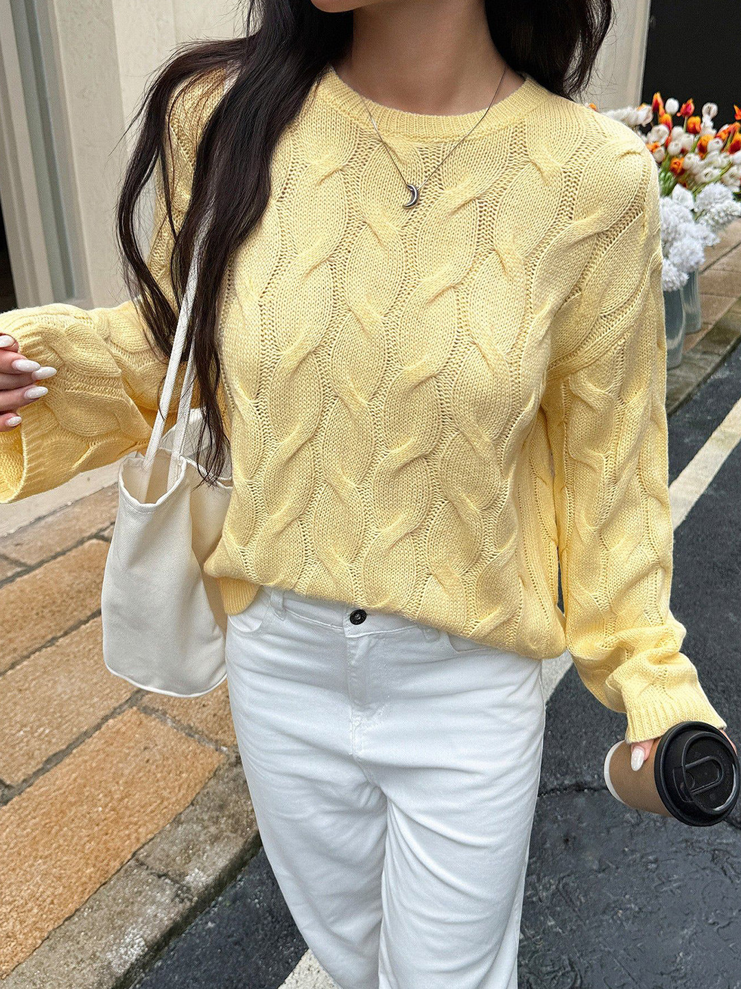 Outzidr Women Cable Textured Round Neck Long Sleeves Pullover Sweater