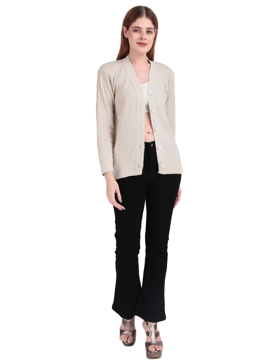 Roadster Women Cream V-Neck Woolen Cardigan