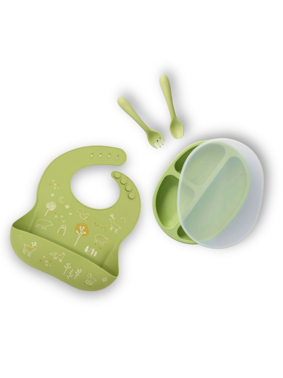 BabyStreet Kids Dishwasher Safe Bib and Plate and Spoon All-In-One Feeding Set