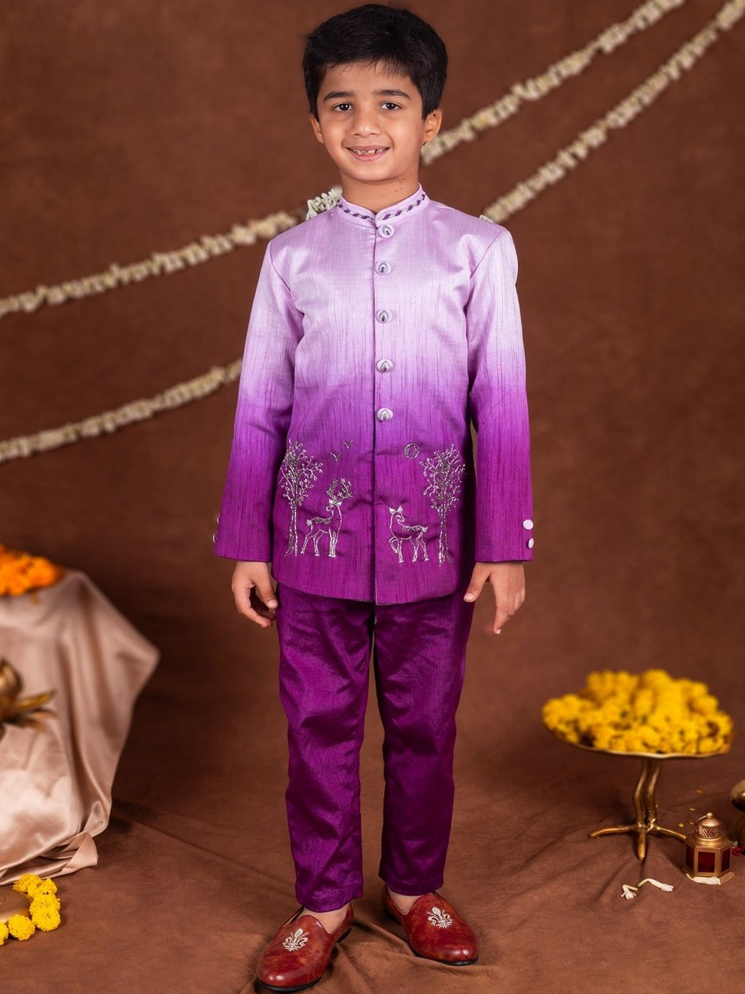 TOPLOVE Boys 2D Shaded Deer Embroidered Dupion Silk Mandarin Collar Neck Sherwani Set