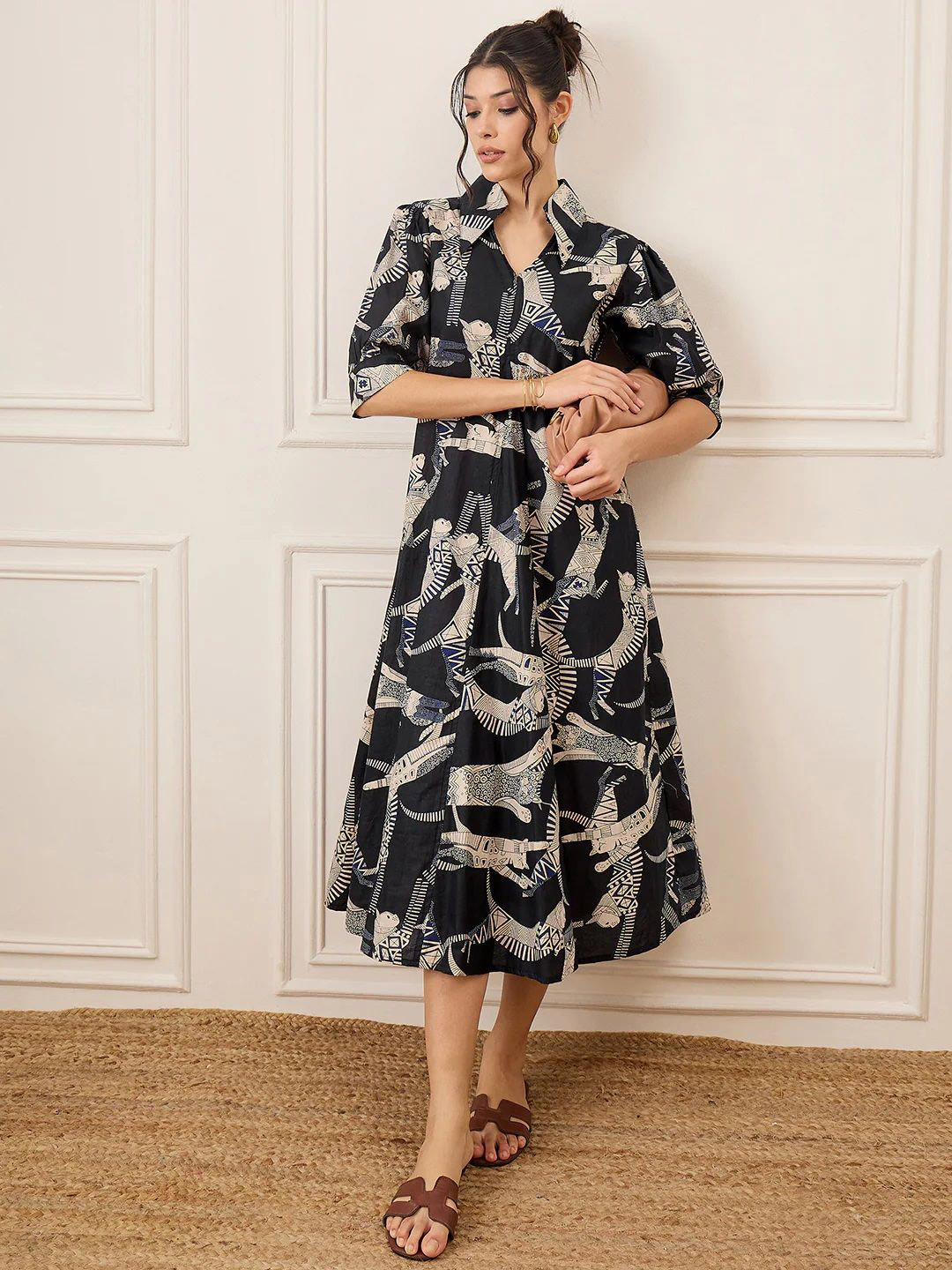 SHEETAL Associates Women Abstract Printed Shirt Collar Crepe A-Line Midi Dress