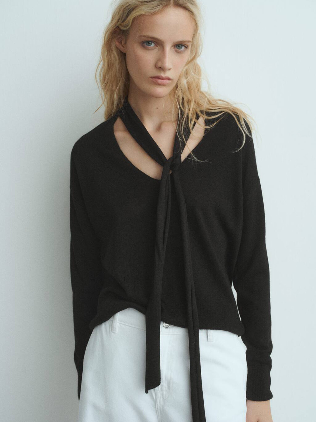 MANGO Solid V- Neck Pullover With Scarf