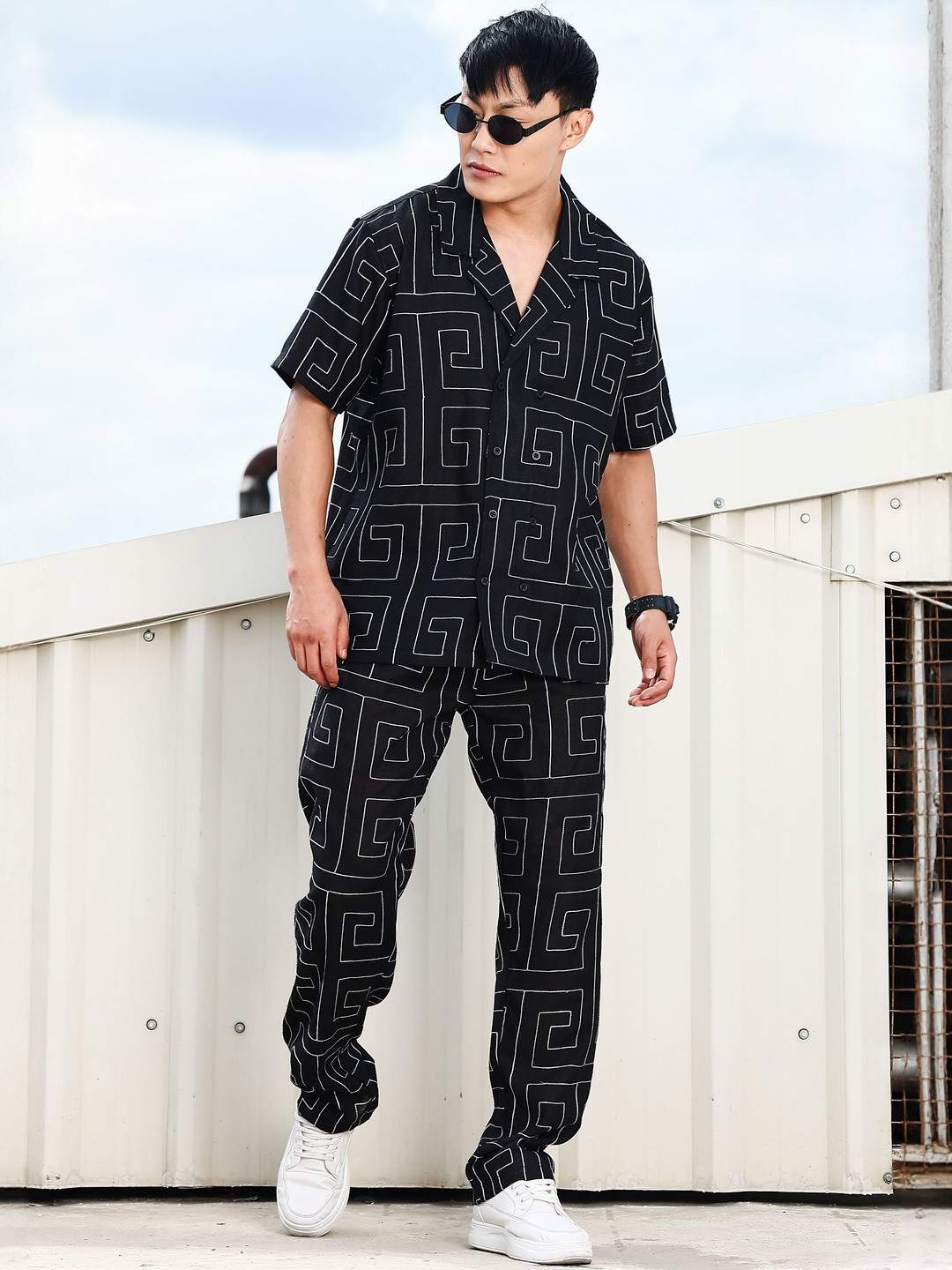 House of Koala Men Linen Embroidered Notched Lapel Korean Shirt & Pants Co-ord Set