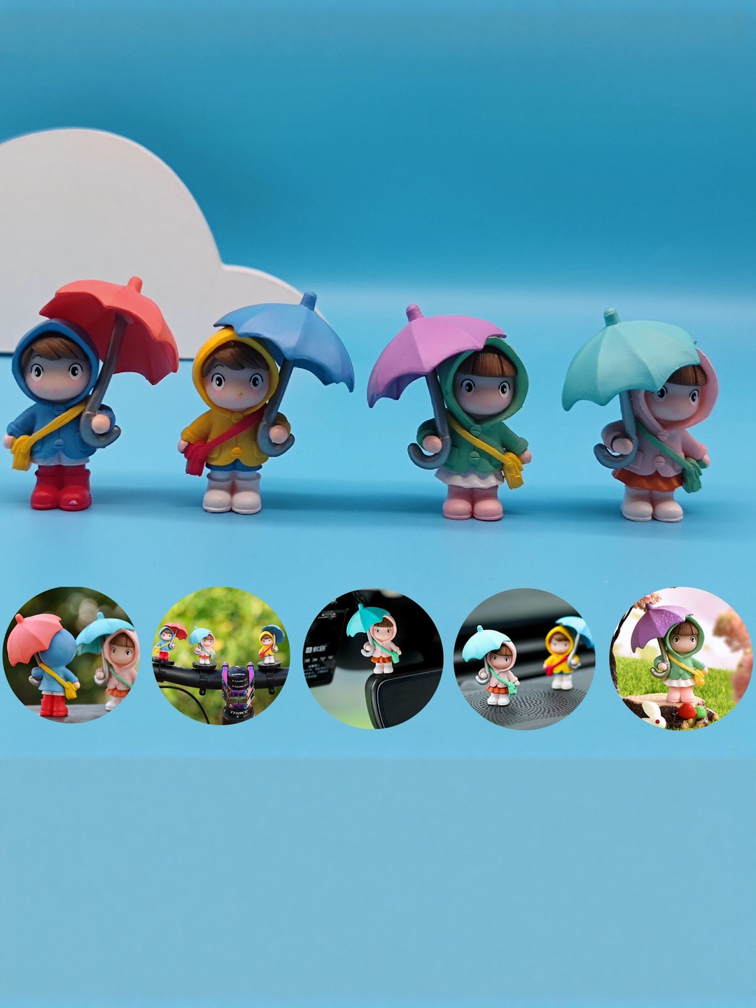 Flenzy Pink 4 Pieces Cute Umbrella Girl Small Ornaments Figurine Showpiece