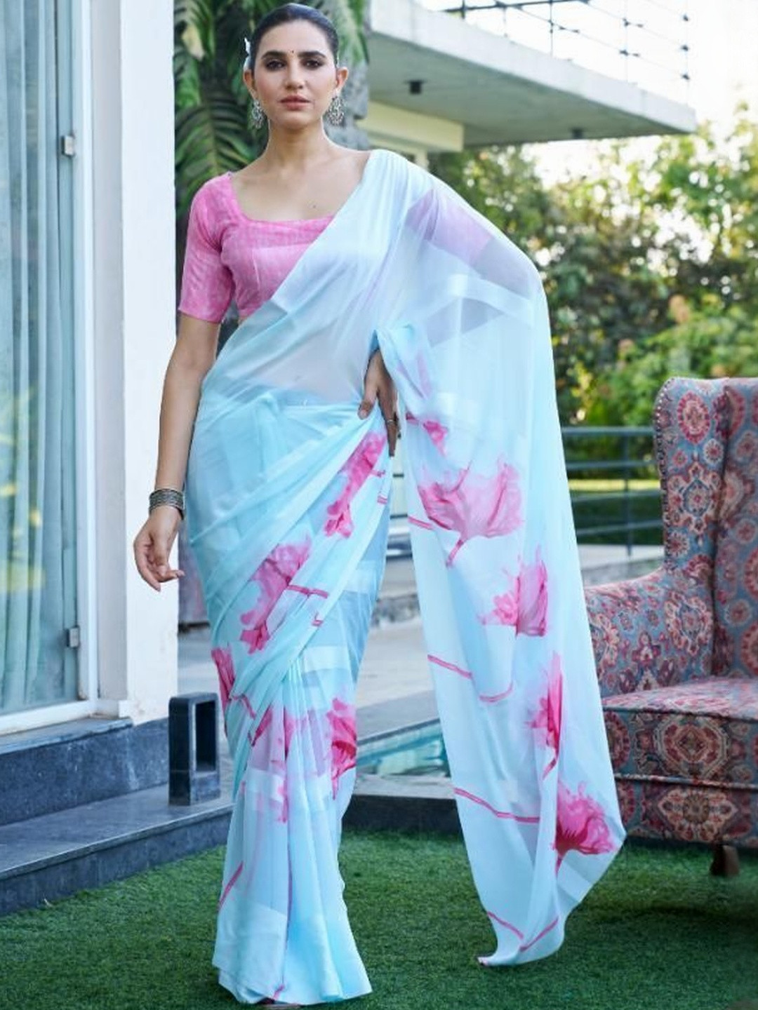 GHAN SALS LILLY Floral Printed Baluchari Saree with Blouse Piece