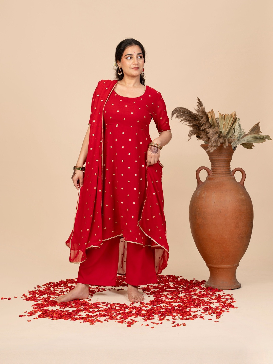 RareReach Women Polka Dots Printed A-Line Kurta with Palazzos & Dupatta