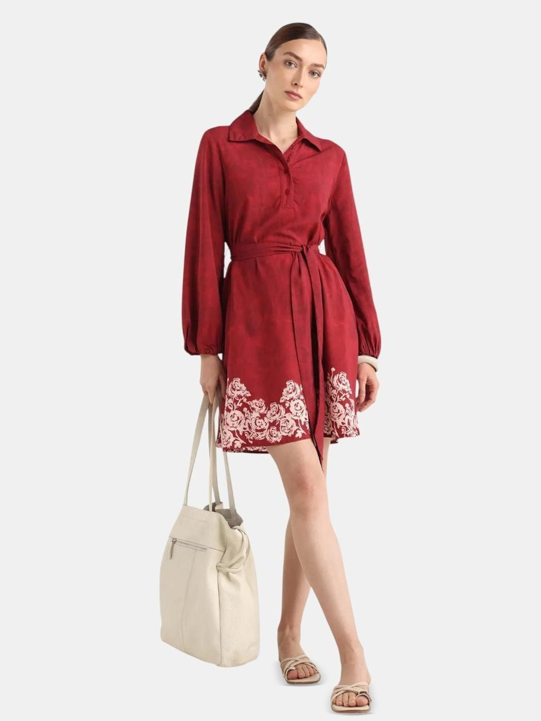 RAREISM Women's Arot Dark Red Viscose Spread Collar A-Line Floral Printed Dress