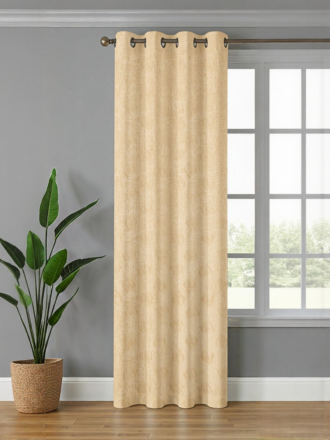 GEET CREATIONS Cream Floral Textured Room Darkening Fade Resistant Door Curtain