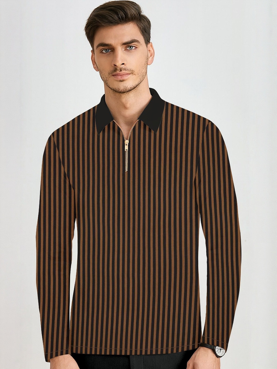 KAJARU Men Striped Regular Fit Polo Collar Long Sleeve Zipper T-shirt