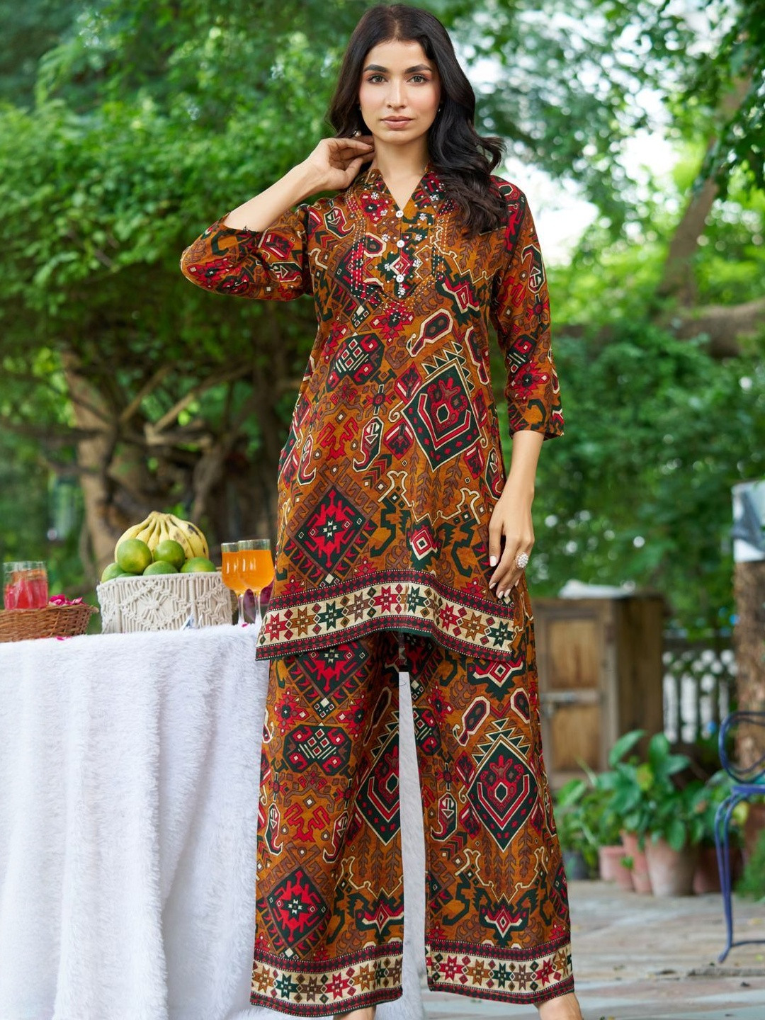 KALINI Women Ajrak Printed Embroidery Co-ord Set