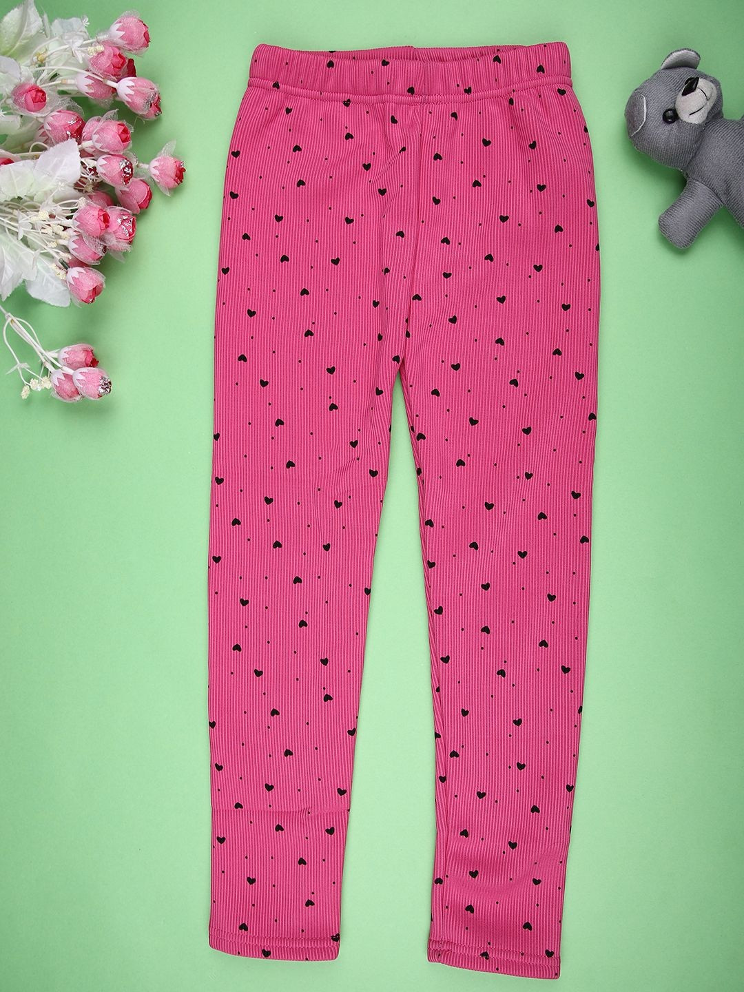 V-Mart Girls Heart Printed Ribbed Velvet Mid Rise Ankle Length Legging