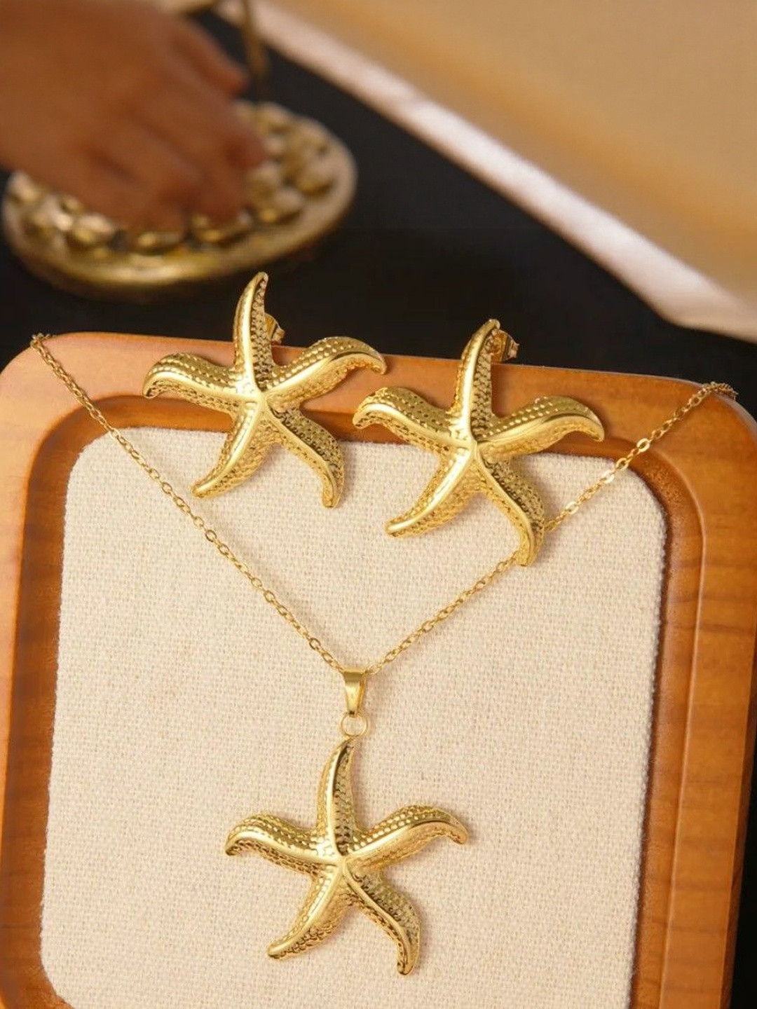 AKISON JEWELS Stainless Steel Gold-Plated Anti Tarnish Pendant With Earrings