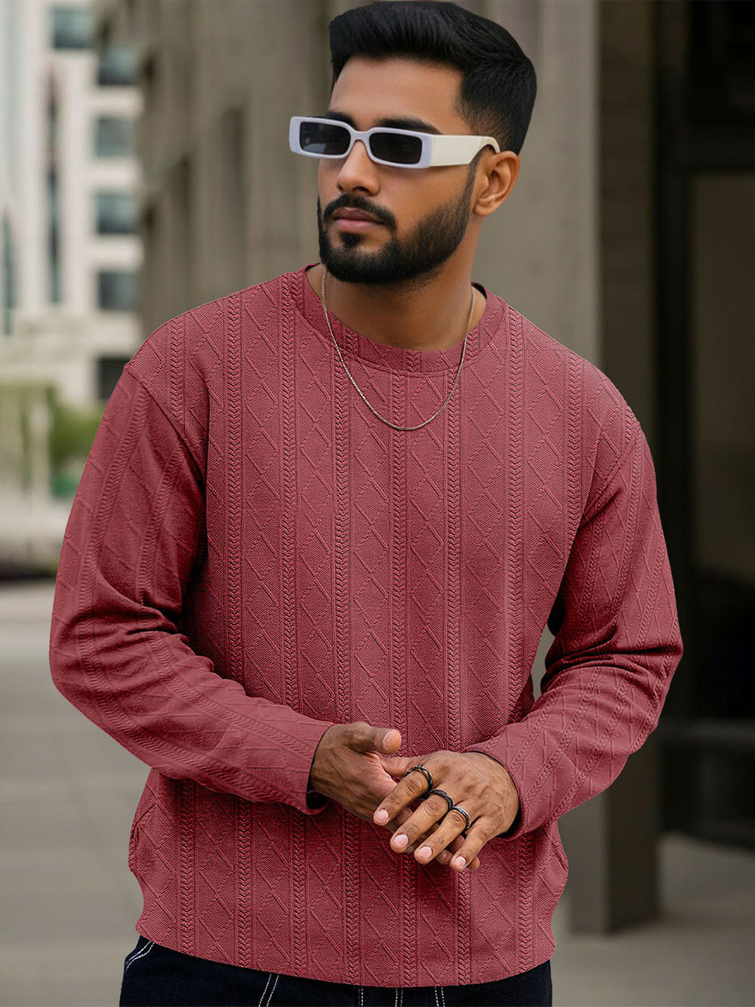 Force Men Cable Knit Round Neck Full Sleeve Pullover Sweaters