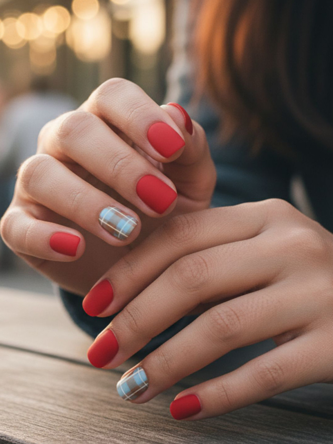 LICK 30 Pcs Matte Check Pattern Fake Reusable Artificial Press On Nails - Red