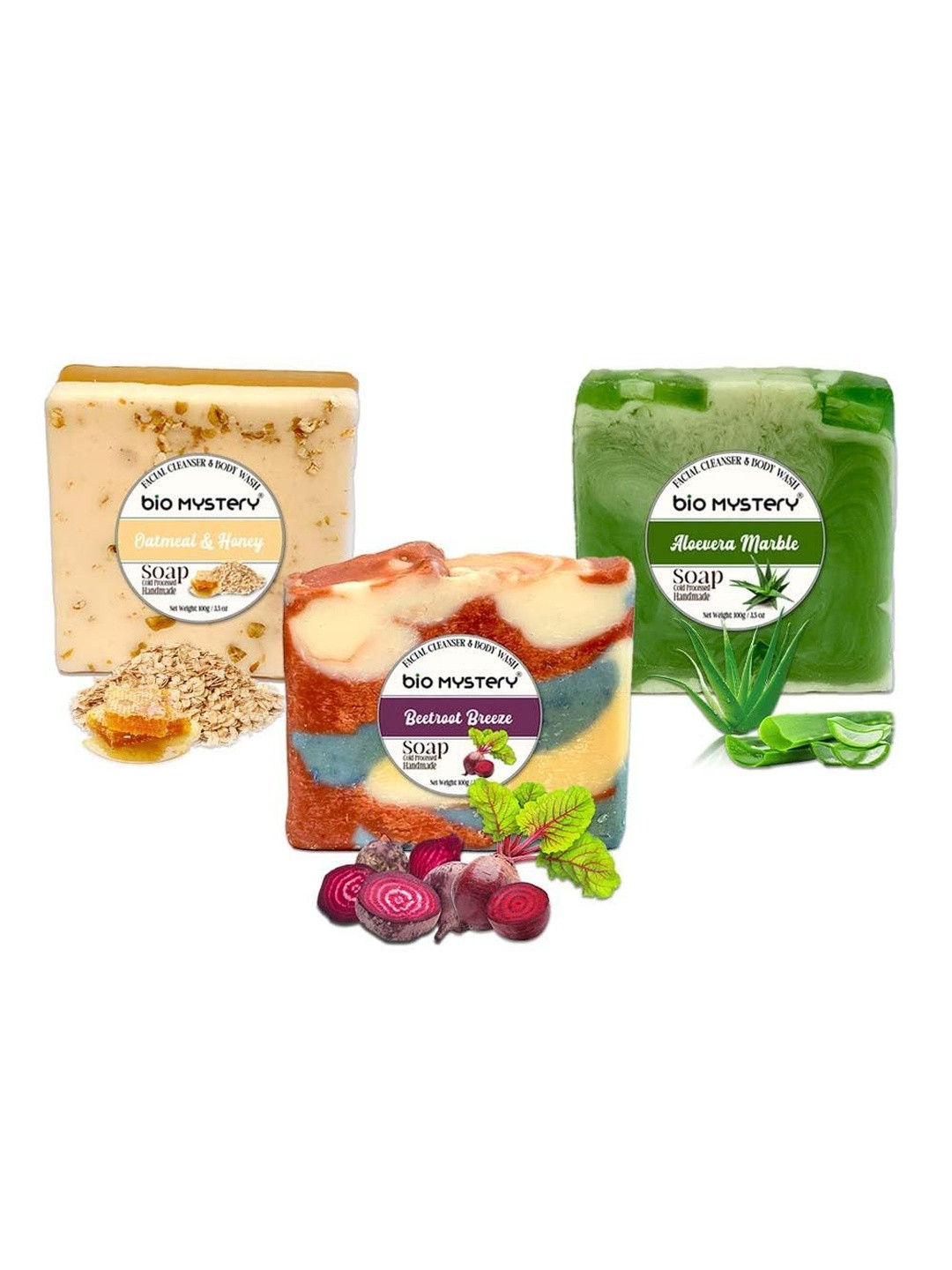 Bio Mystery Set Of 3 Natural Oatmeal Honey, Aloevera & Beetroot Soap Bar - 100 g Each