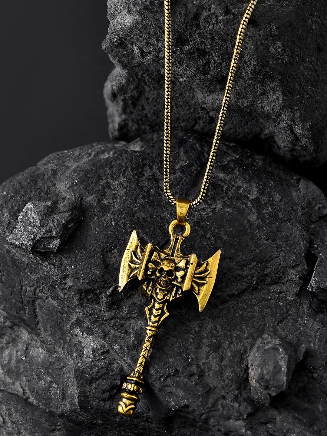 Voylla Men Gold-Plated Statement Warrior Axe Oxidised Pendant With Chain