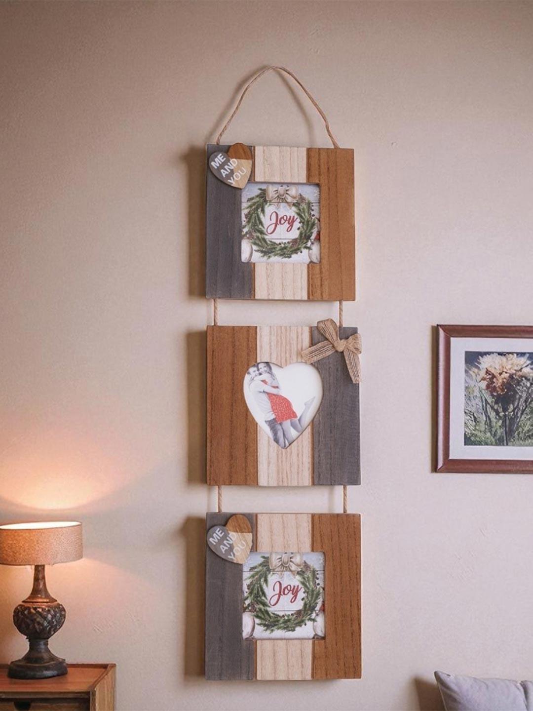 AARVI DECOR STUDIO Brown Wooden Three Connected Wall Hanging Photo Frame