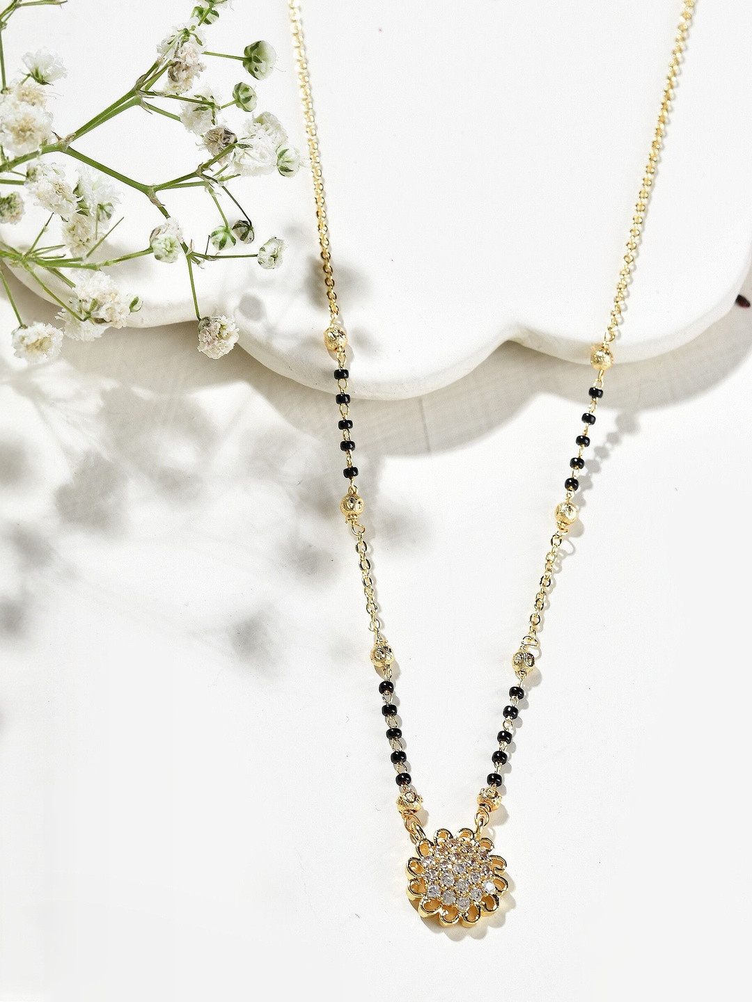 Jewels Nest Stainless Steel Gold-Plated Stones Studded & Beaded Floral Bloom Mangalsutra