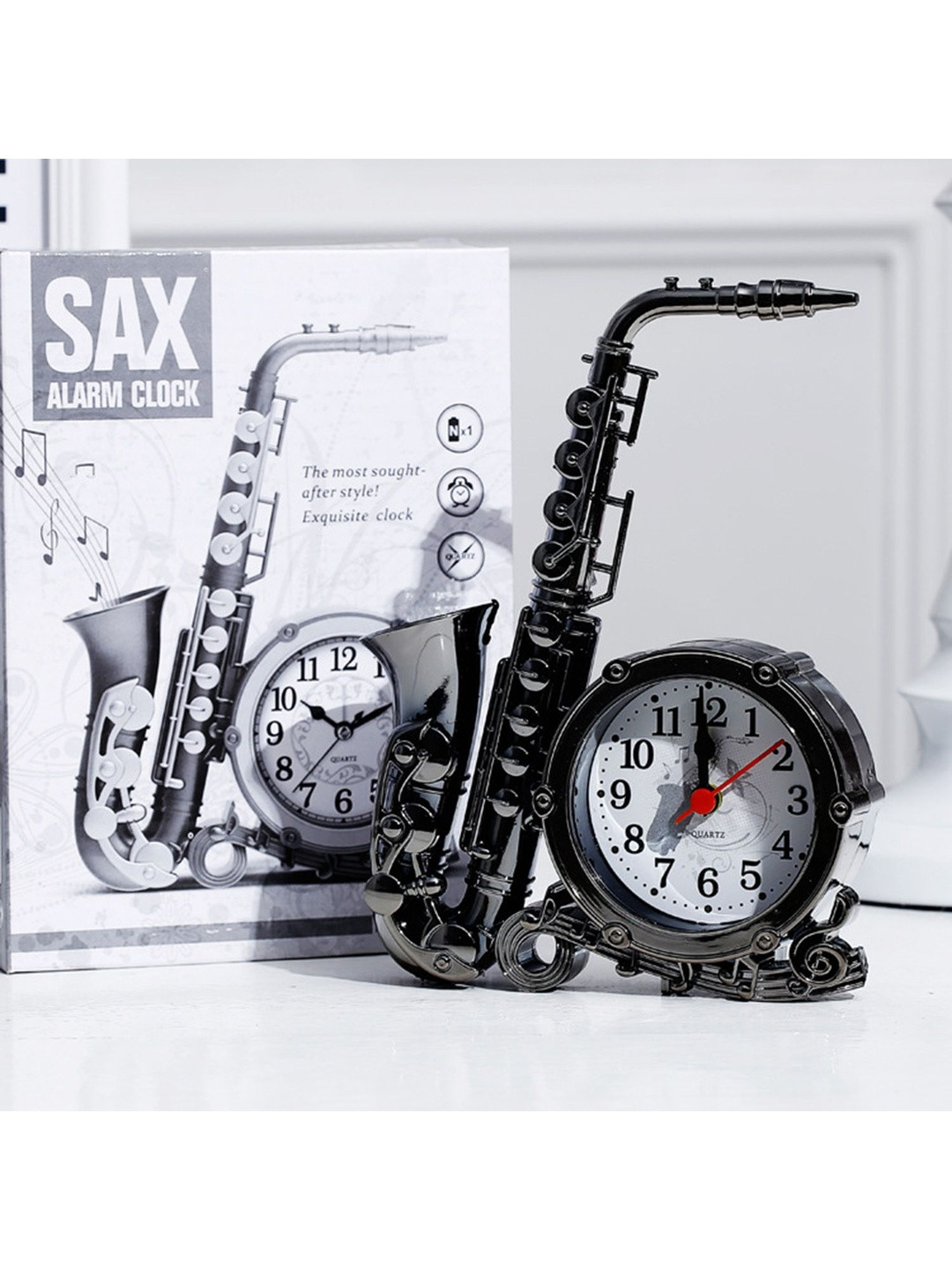 Flenzy Black & White Analogue Saxophone Shaped Round Vintage Alarm Clock