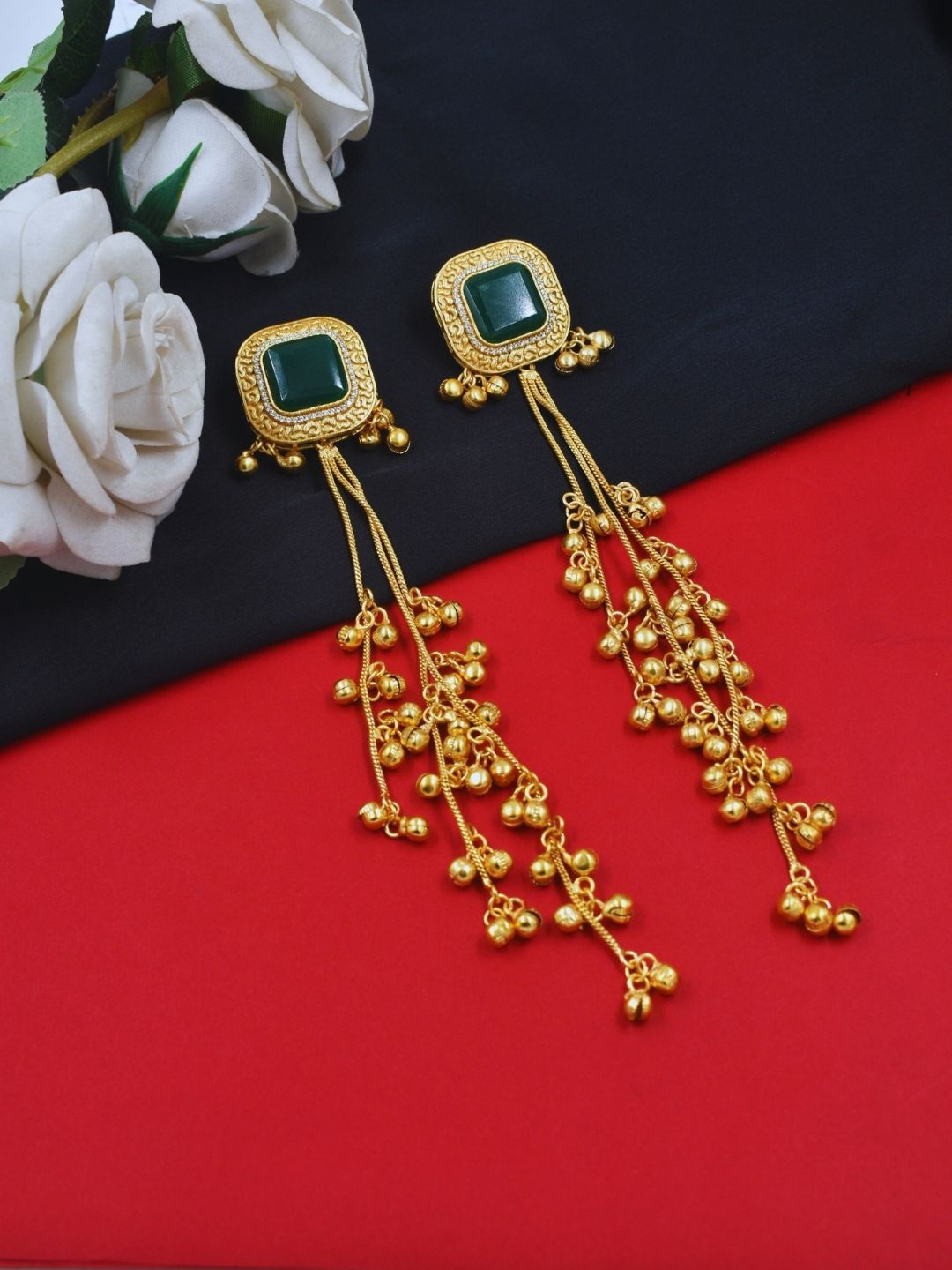 J & C Fashion Arena Kashmiri Gold-Plated Stones Studded And Beaded Square Drop Earrings
