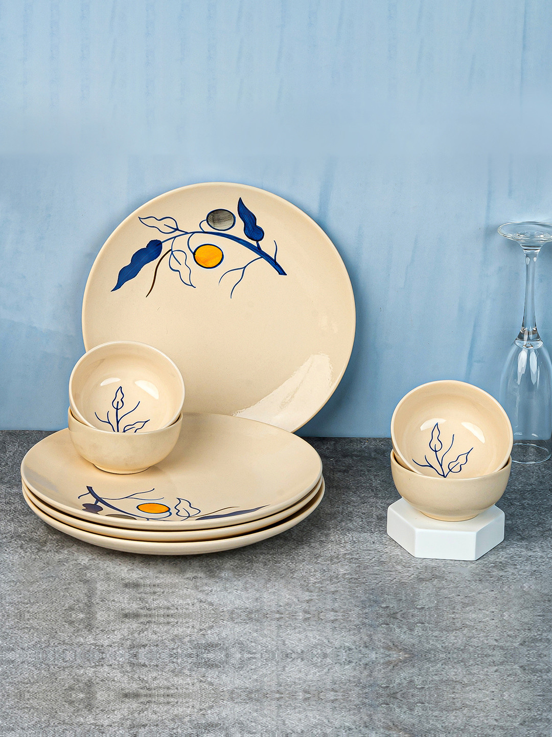 BODHI HOUSE White Leaf Ceramic Dishwasher and Microwave Safe 12 Piece Dinner Set