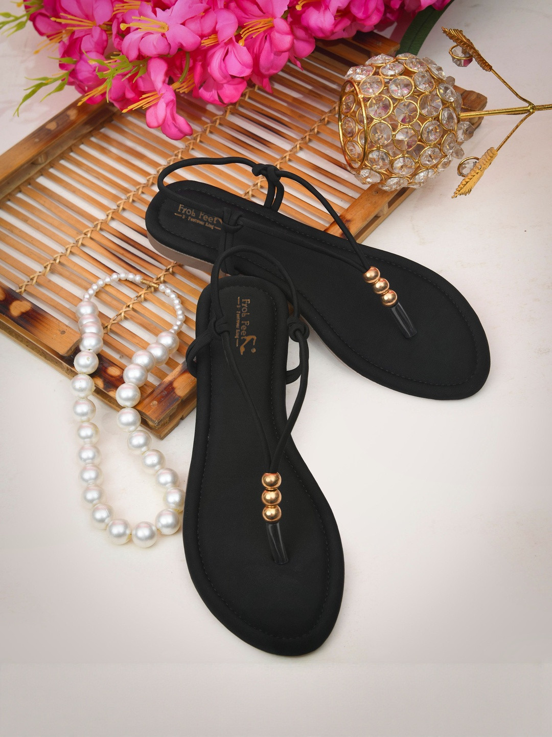 Froh Feet Women Embellished Beaded Toe Ring Open Toe Slip On T-Strap Flats