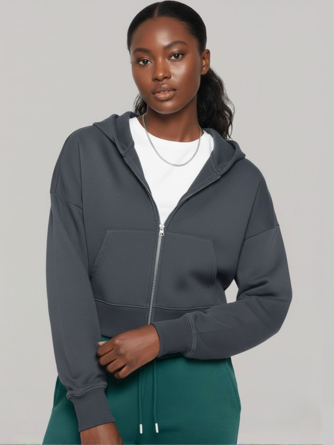 Besick Women Lightweight Crop Zipper Hoodie Open Front Jacket