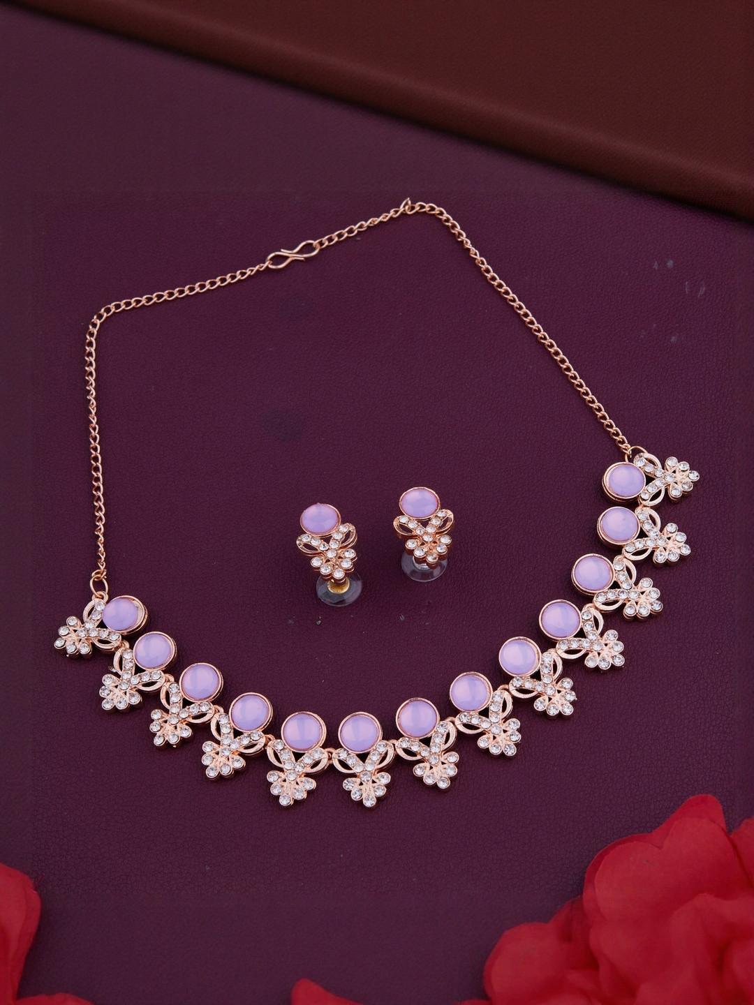 Bhanu diam Lavender Alloy Gold Necklace & Earrings Jewellery Set