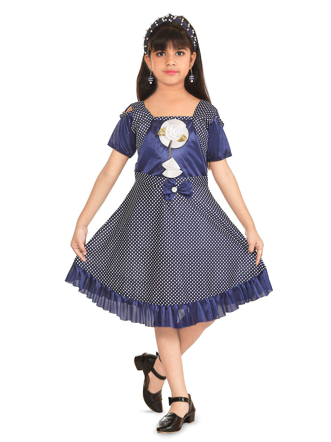 Nickys Disegno Girls Polka Dots Printed Cold-Shoulder Sleeves Applique Fit & Flare Dress