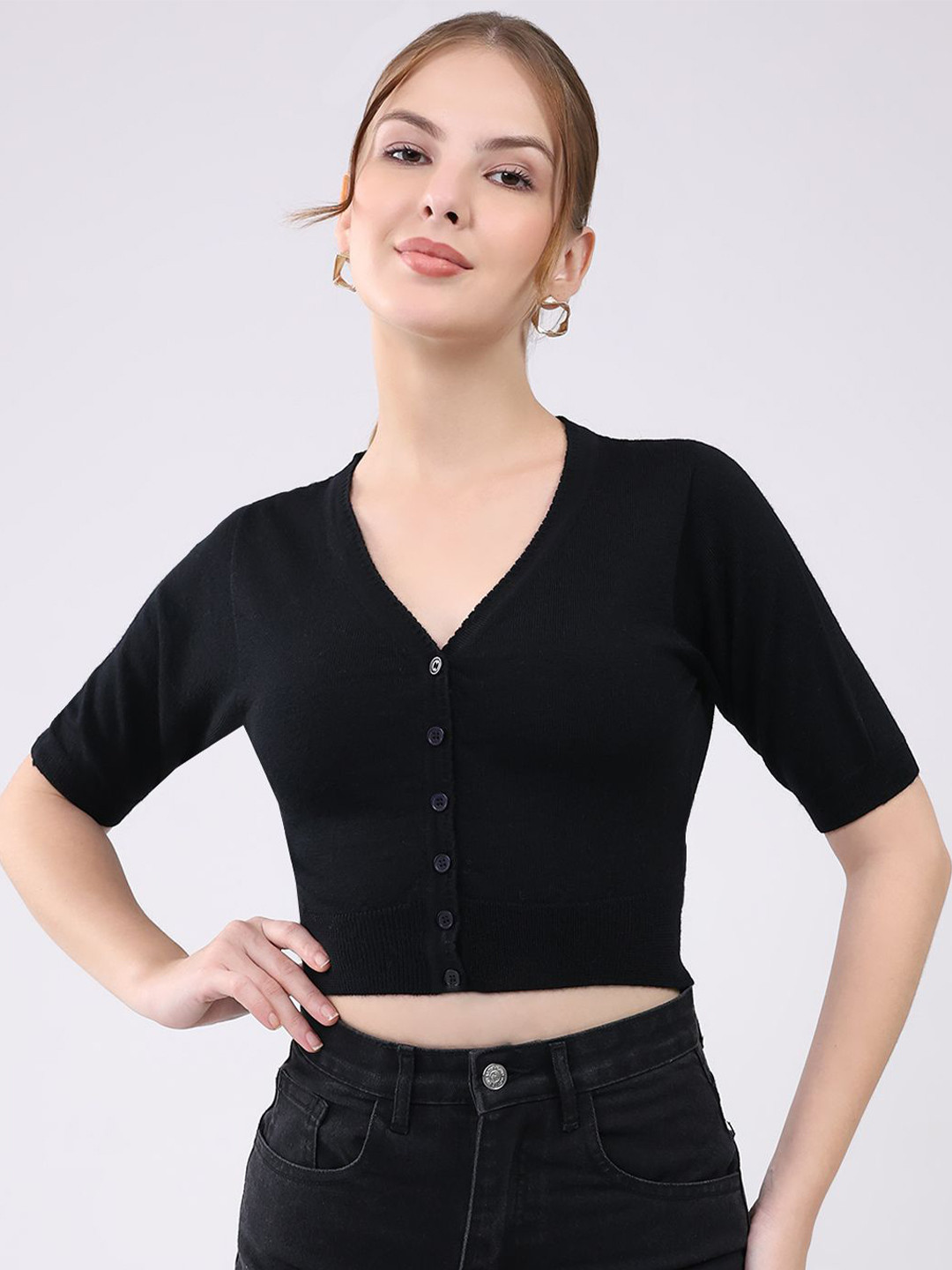 Monte Carlo Women Front Open Half Sleeve Woollen Crop Cardigan Sweater