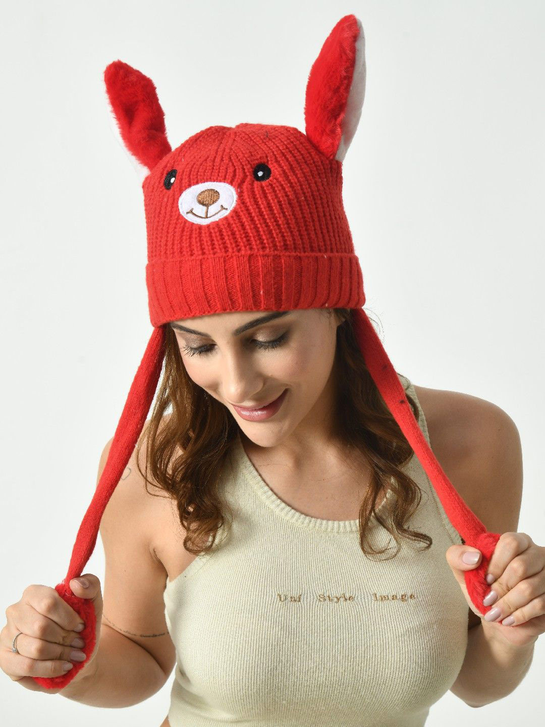PIFTIF Women Woollen Red Beanie With Rabbit Moving Ears