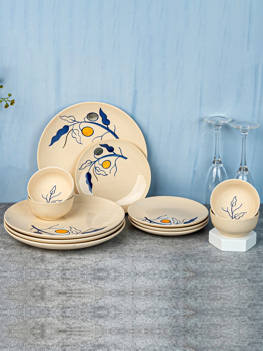 BODHI HOUSE White Floral Ceramic Microwave Safe 12 Piece Dinner Set