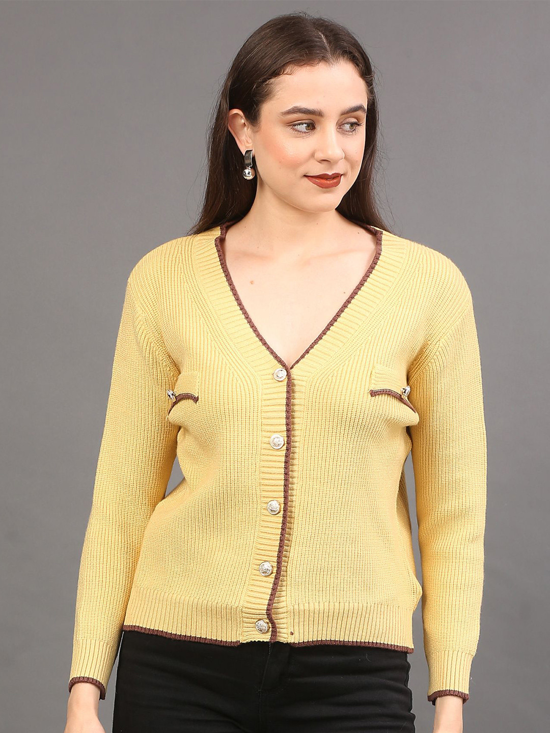 Thansmay Kleider Women Woollen Cardigan with Applique Detail