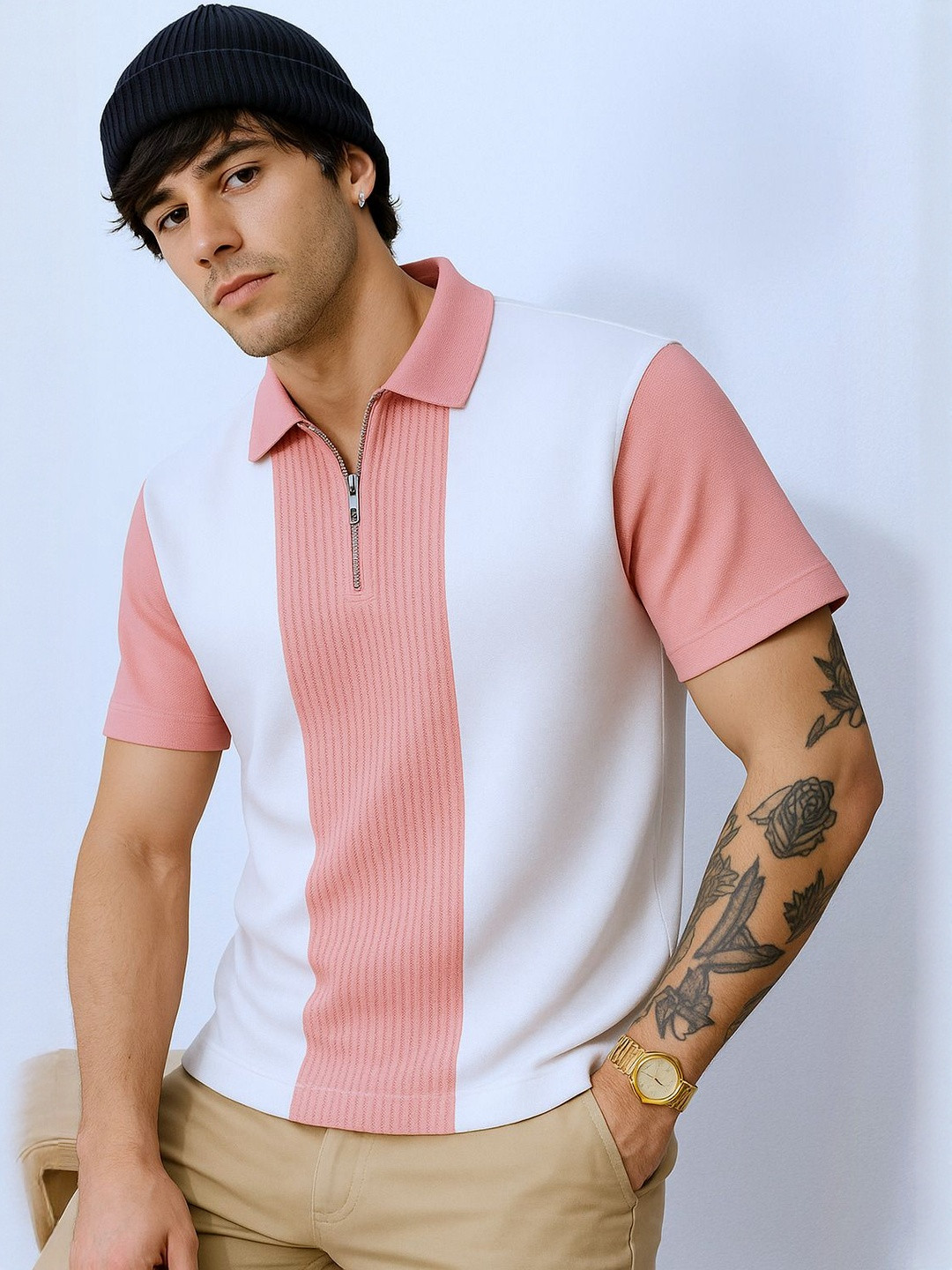Try This Men Colourblocked Polo Collar Short Sleeve T-shirt