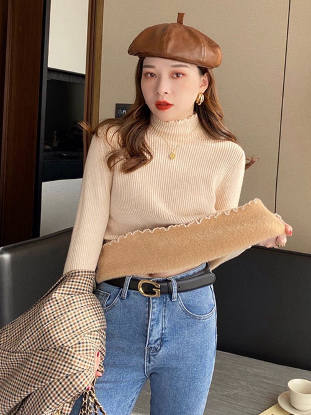 Outzidr Women Ribbed High Neck Collar Full Sleeve Sweater