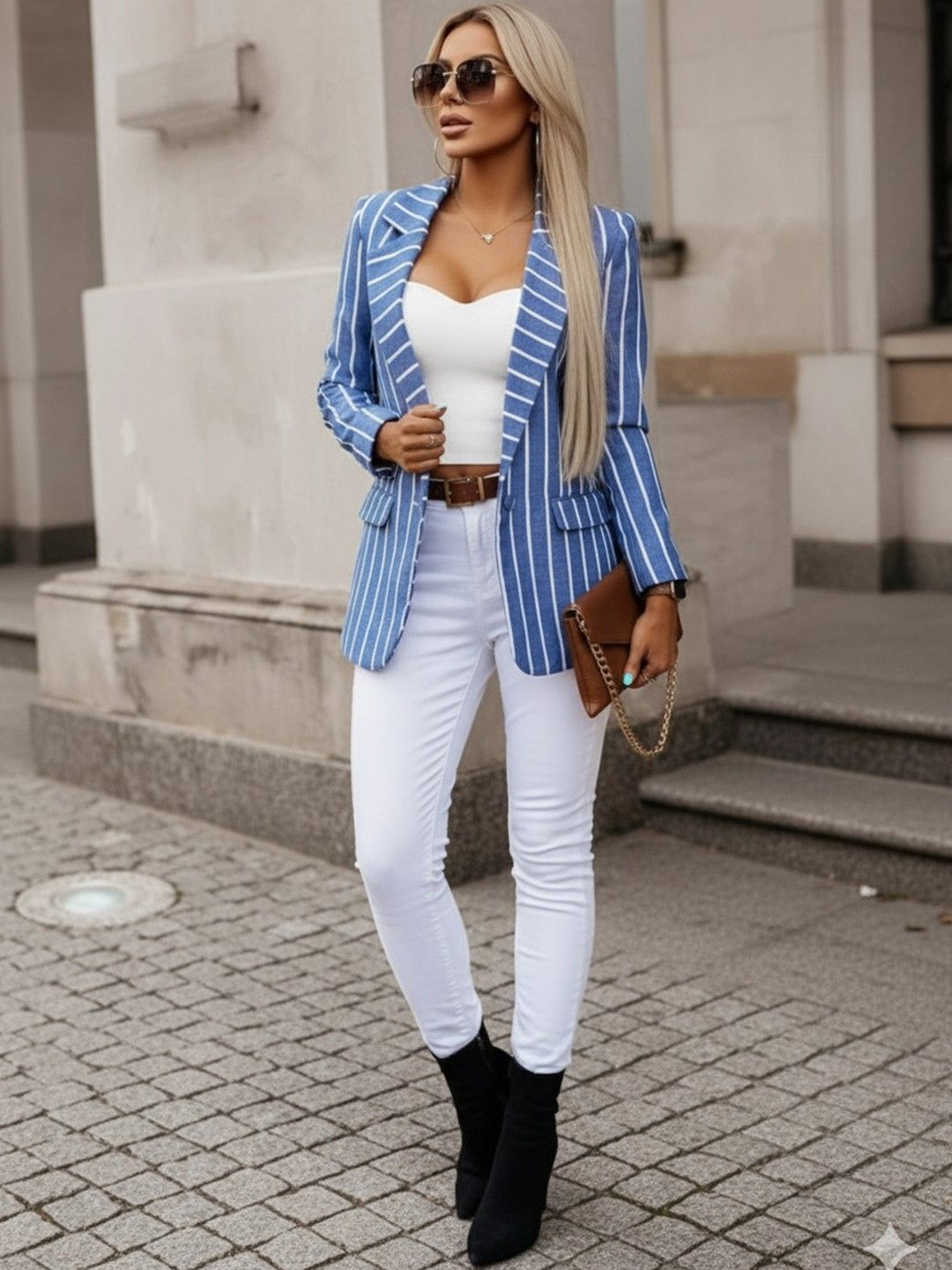DressBerry Vertical Striped Notched Lapel Collar Single-Breasted Formal Blazer