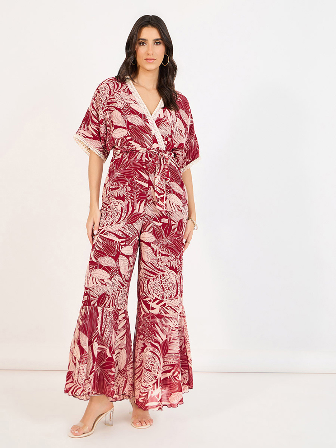 Miss Chase Women Floral V-Neck Half Sleeve Kimono Chiffon Jumpsuit