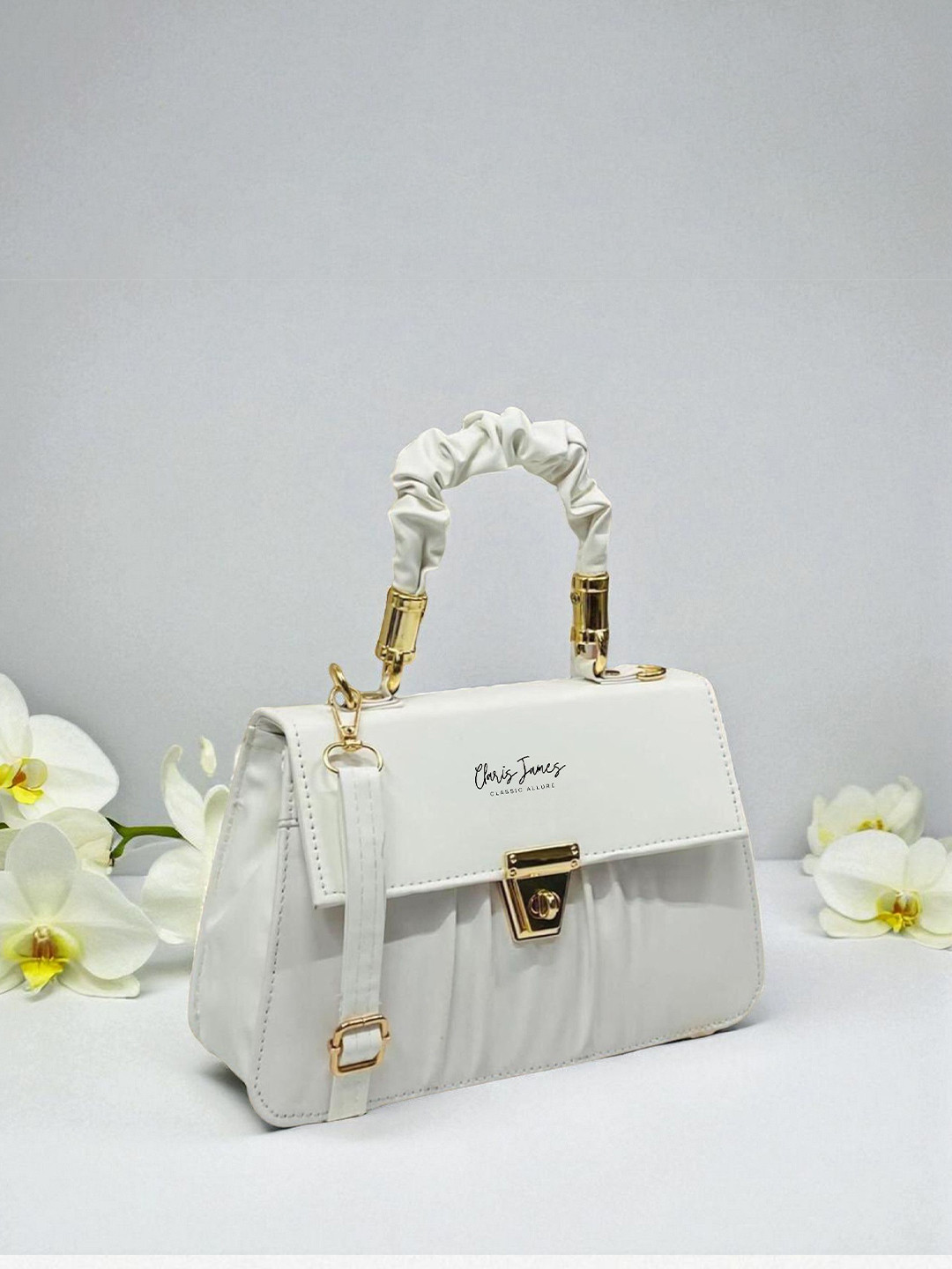 CLARIS JAMES White & Gold Self Design Sling Bag