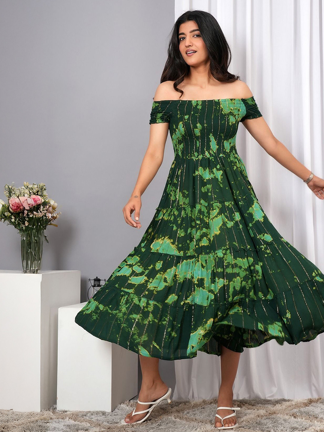 VYMO Tie and Dye Printed Off-Shoulder Short Sleeves Smocked Tiered A-Line Midi Dress