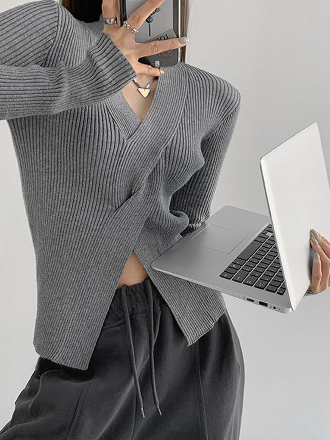 Outzidr Women Full Sleeve V Neck Wrap Pullover Sweaters