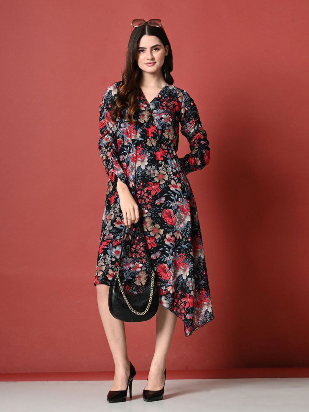 Lihana Women V-Neck Floral Printed Georgette Wrap Dress With Asymmetrical Hem