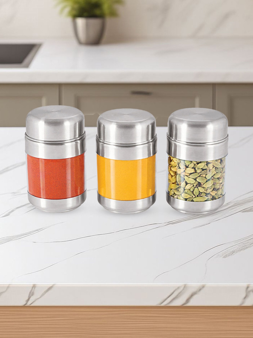 SIZZLE 2025 Silver-Toned Stainless Steel Durable 3 Pcs Clip-On Canisters 230 ml
