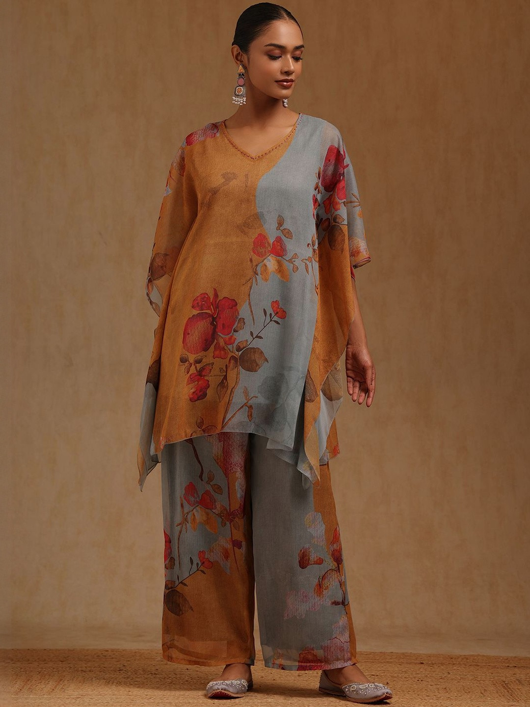 Soch Floral Printed V-Neck Kaftan Kurta With Palazzo And Inner slip